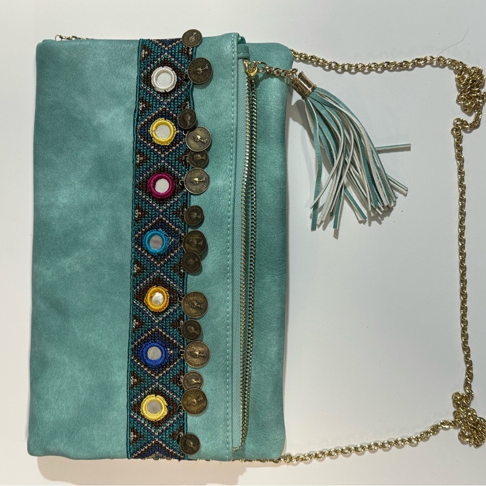 Vieta Embellished Teal Crossbody Bag